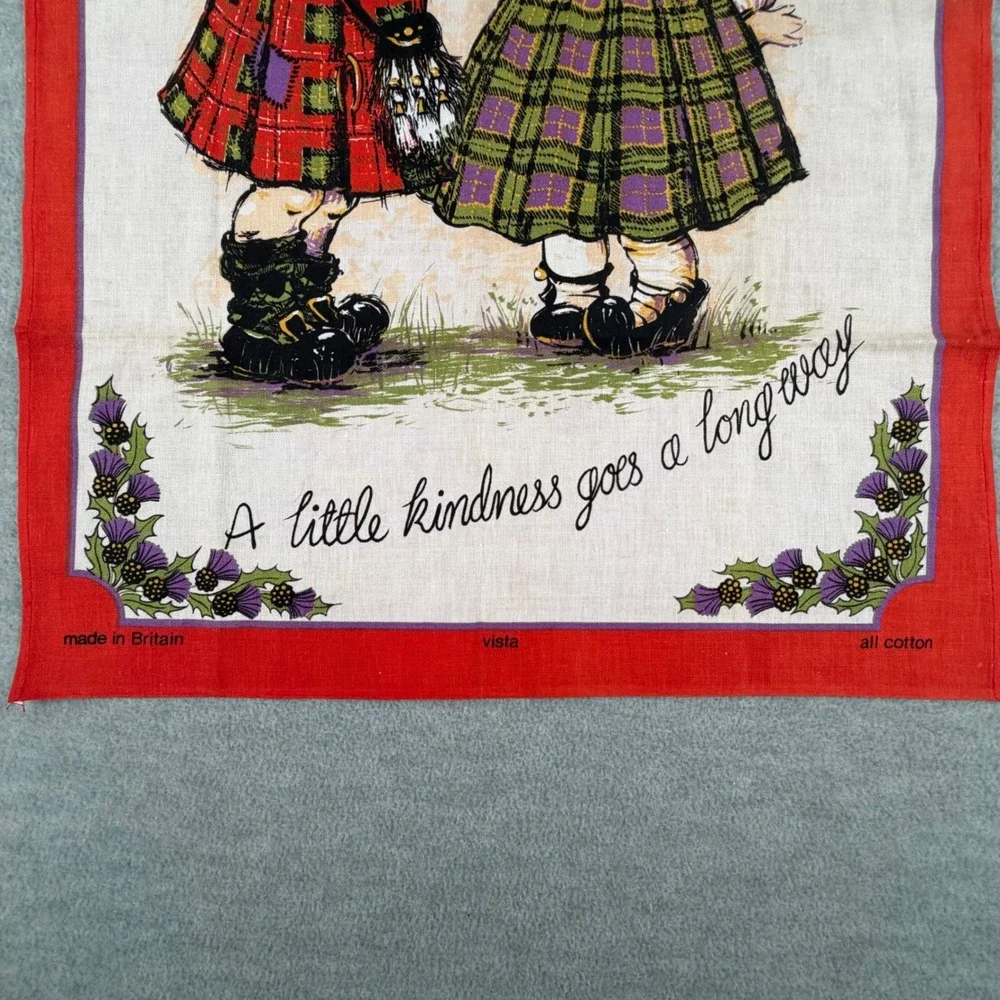 Vintage Vista Tea Towel Red Scottish Kindness Cotton Made in Britain MCM 1970 's